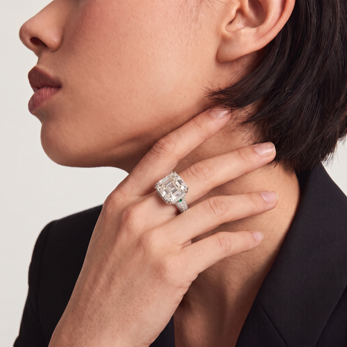 Asscher Cut Pavé Halo Emerald Accent Ring