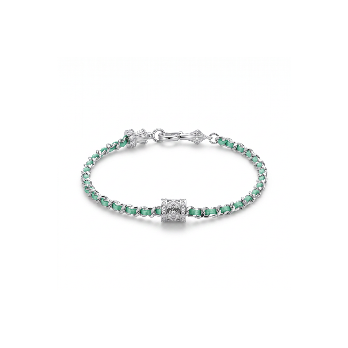 Mint Cord Diamond Barrel Charm Curb Chain Bracelet