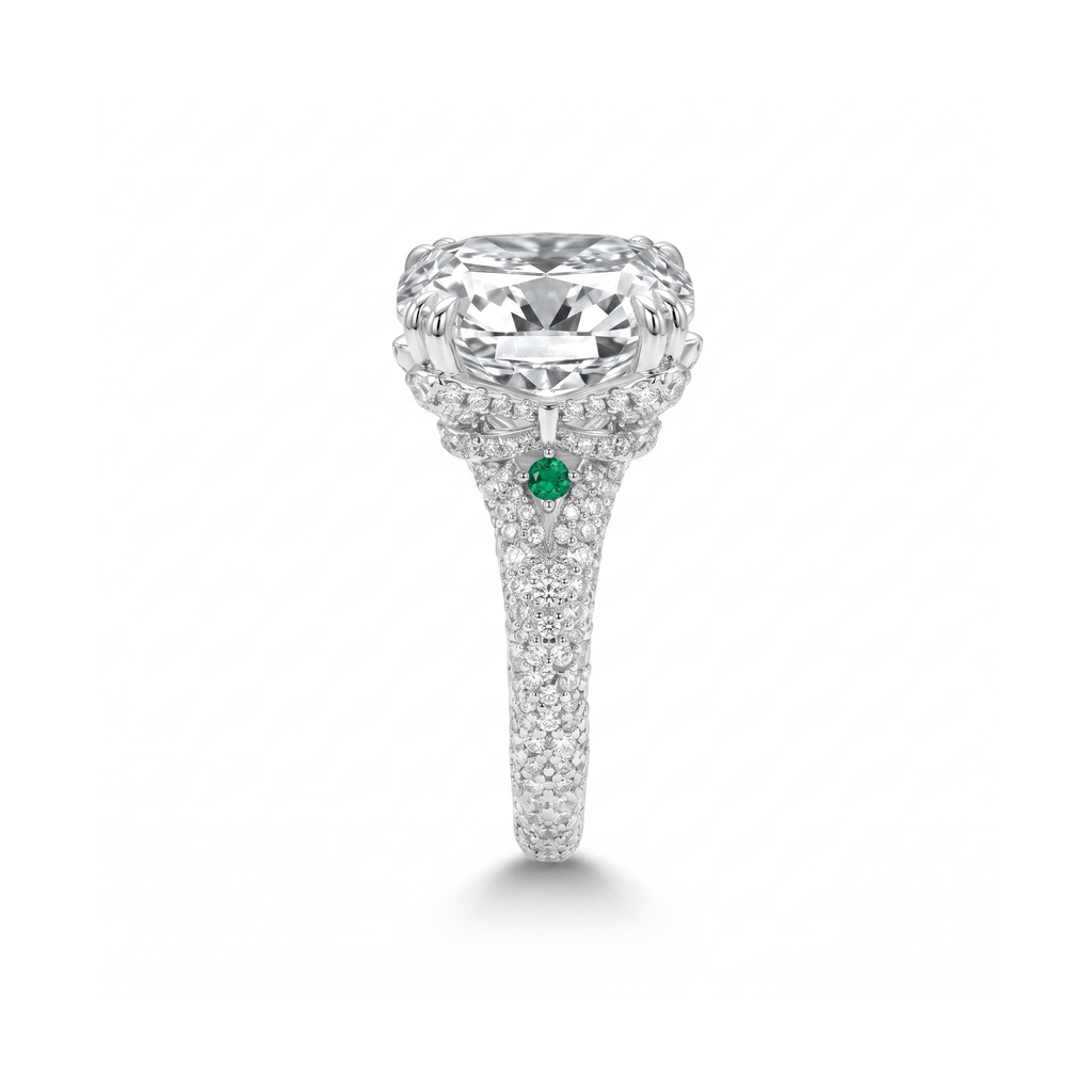 Asscher Cut Pavé Halo Emerald Accent Ring