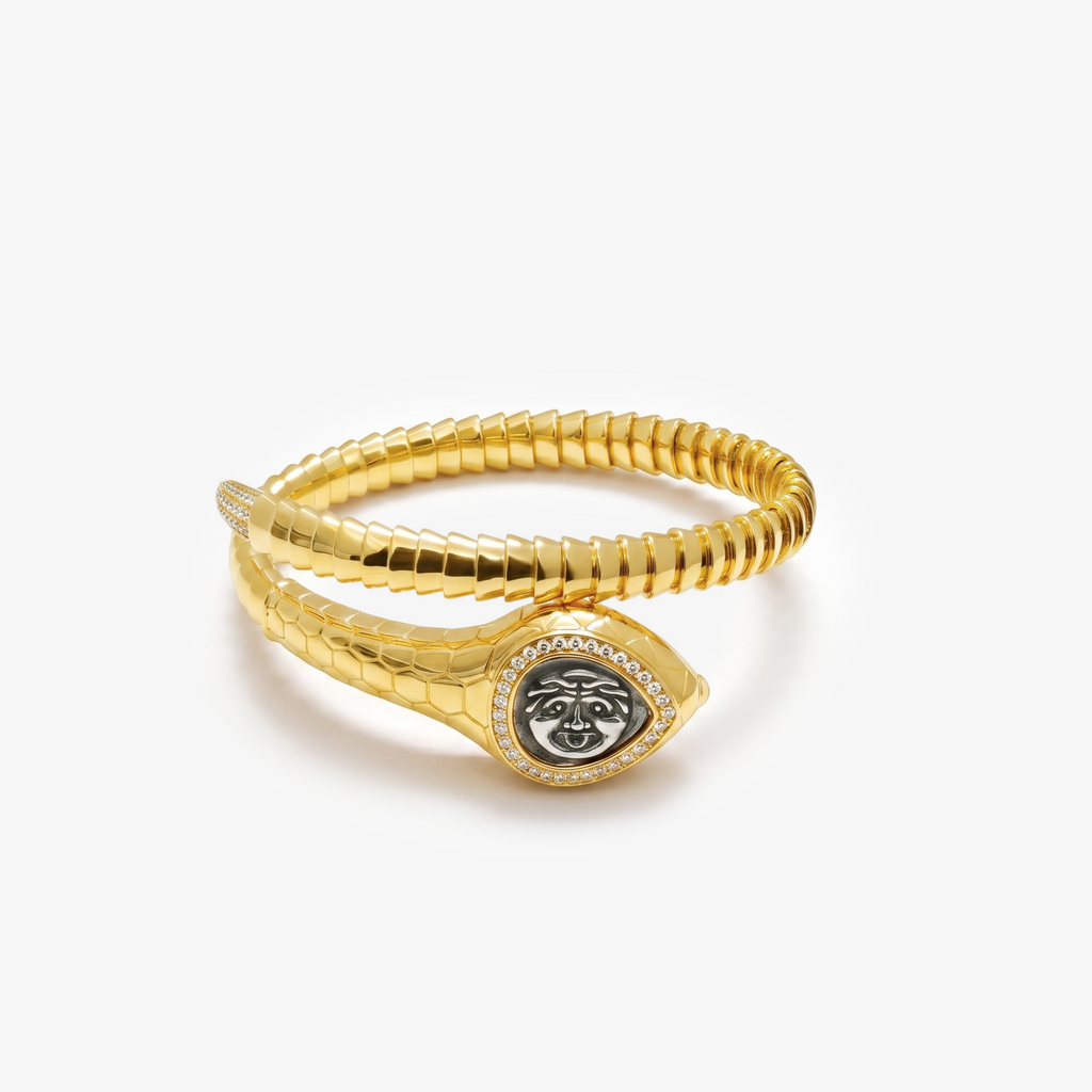 Medusa Cameo Diamond Tubogas Snake Bangle - Gold