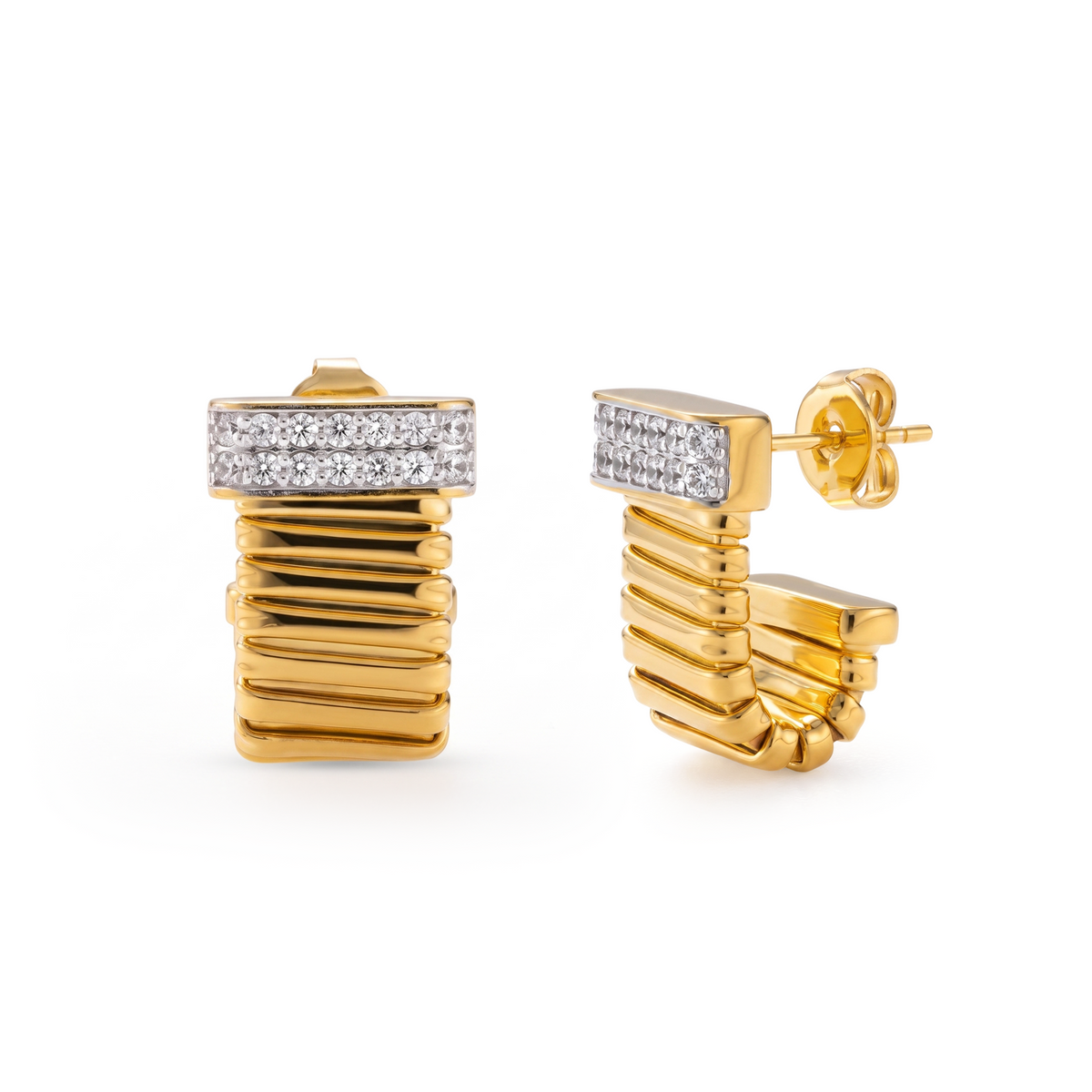 Pavé Top Ribbed J-Hoop Earrings