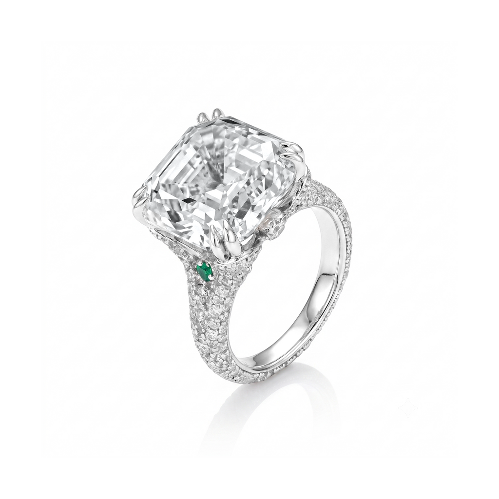 Asscher Cut Pavé Halo Emerald Accent Ring