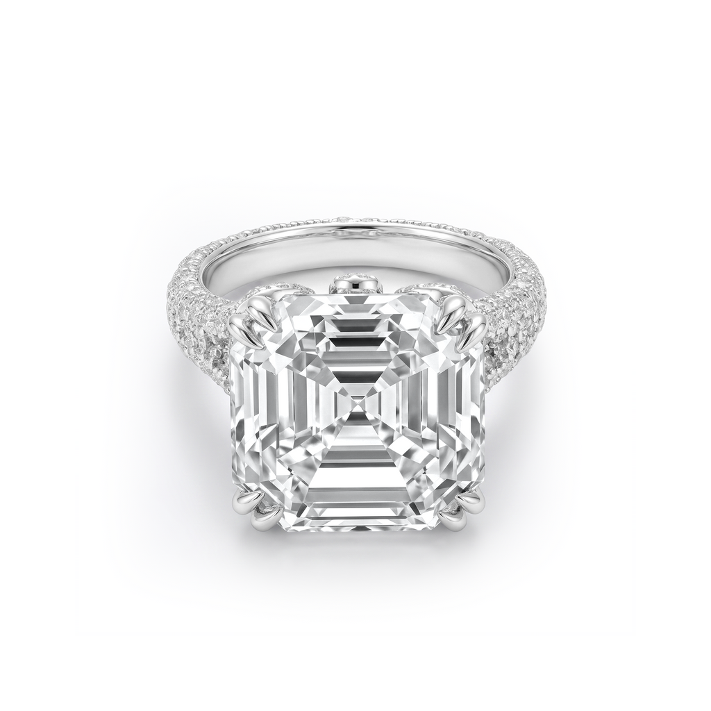 Asscher Cut Pavé Halo Emerald Accent Ring