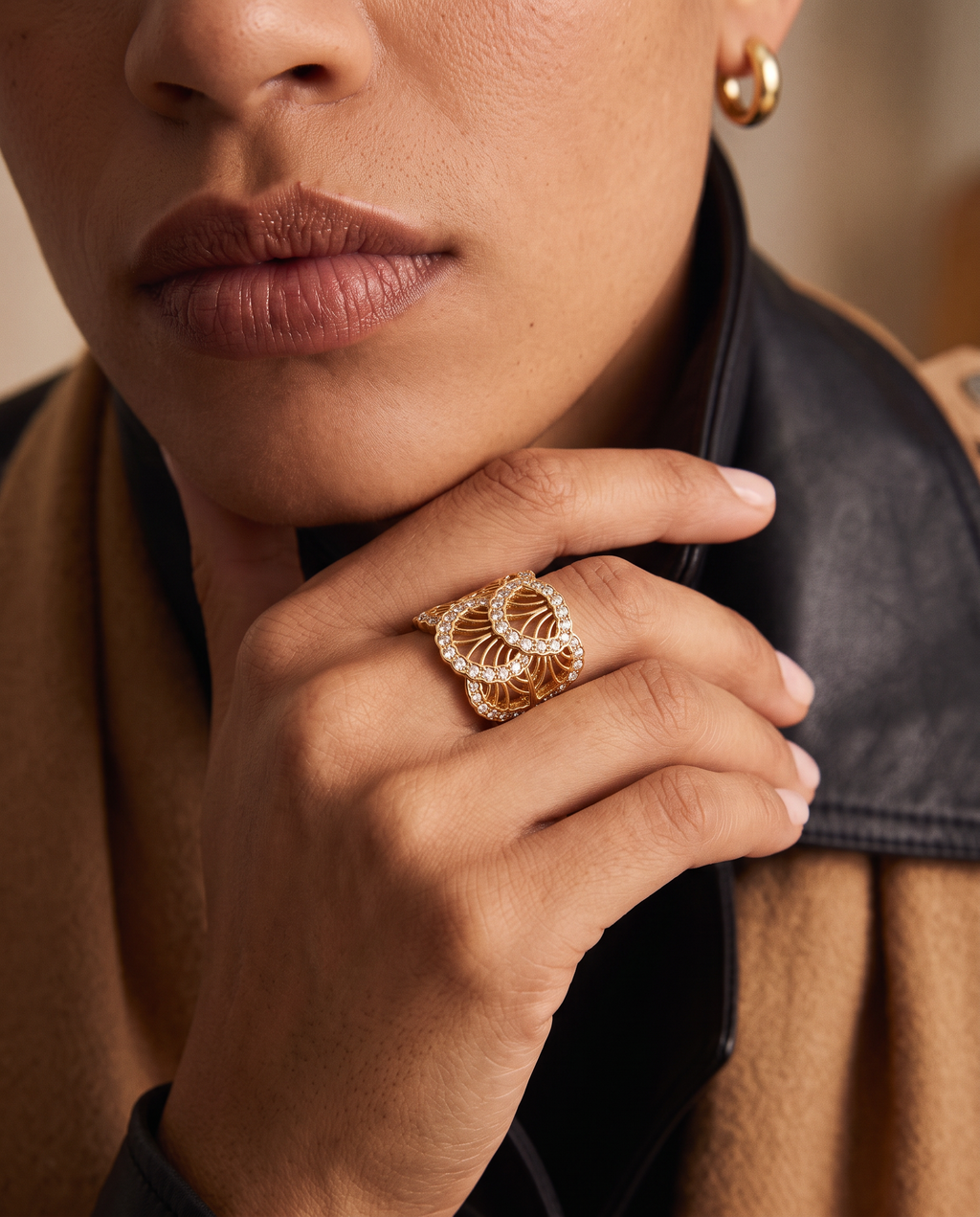 Diamond Openwork Scallop Weave Wide Band Ring