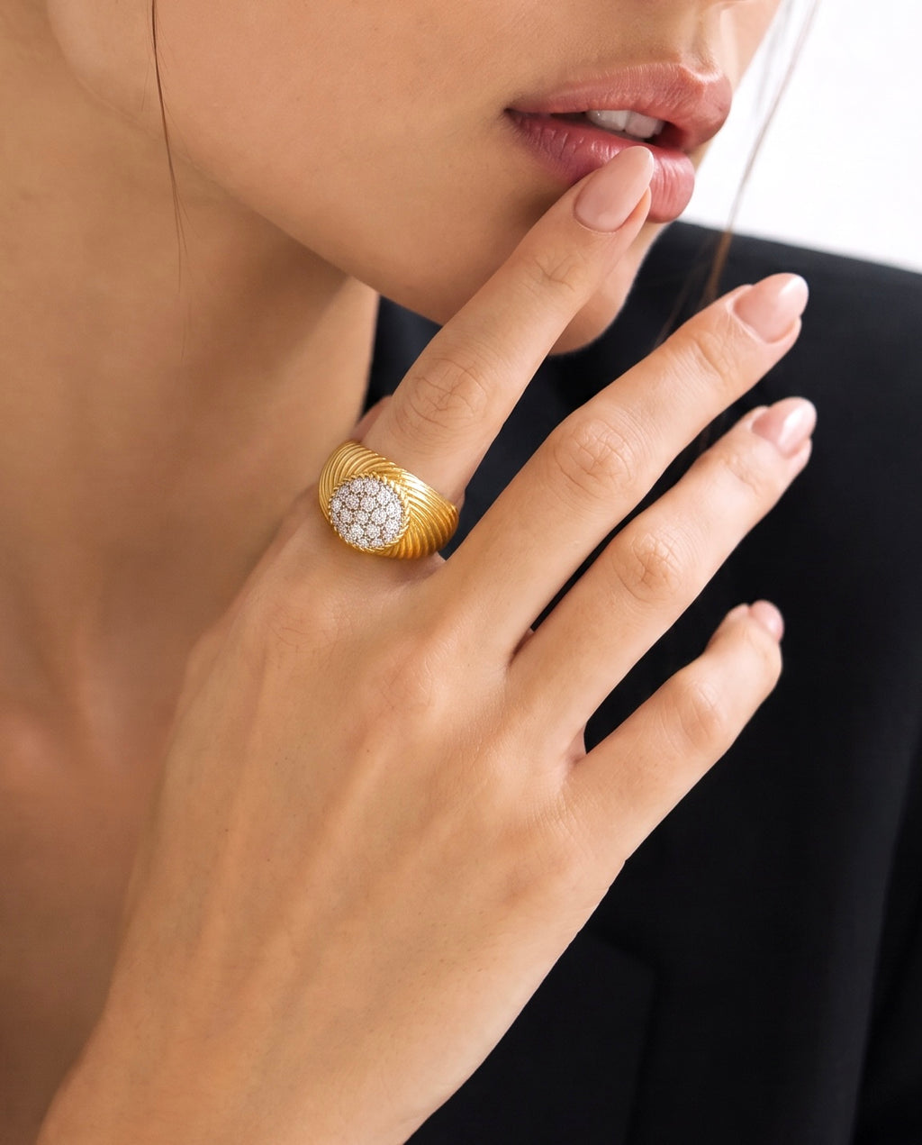 Diamond Pavé Ribbed Dome Cocktail Ring